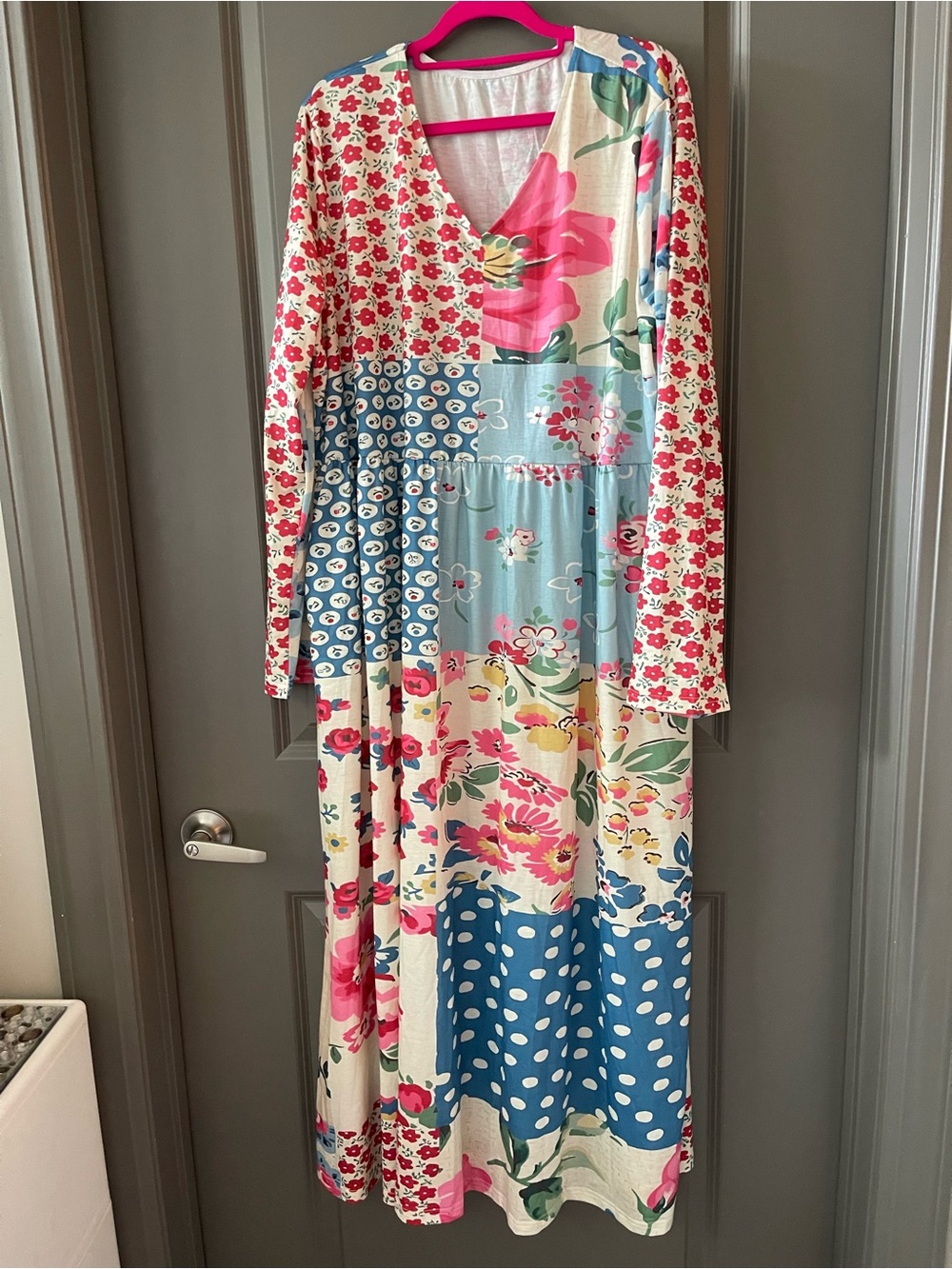 Floral Patchwork Long Sleeve Maxi Dress - Pink & Blue
